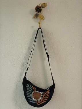 Black Embroidered Crescent Crossbody Bag